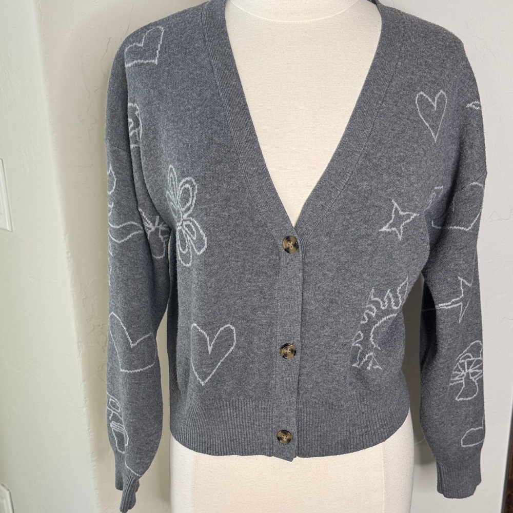 No Boundaries Gray Cardigan with Heart and Star Designs Large